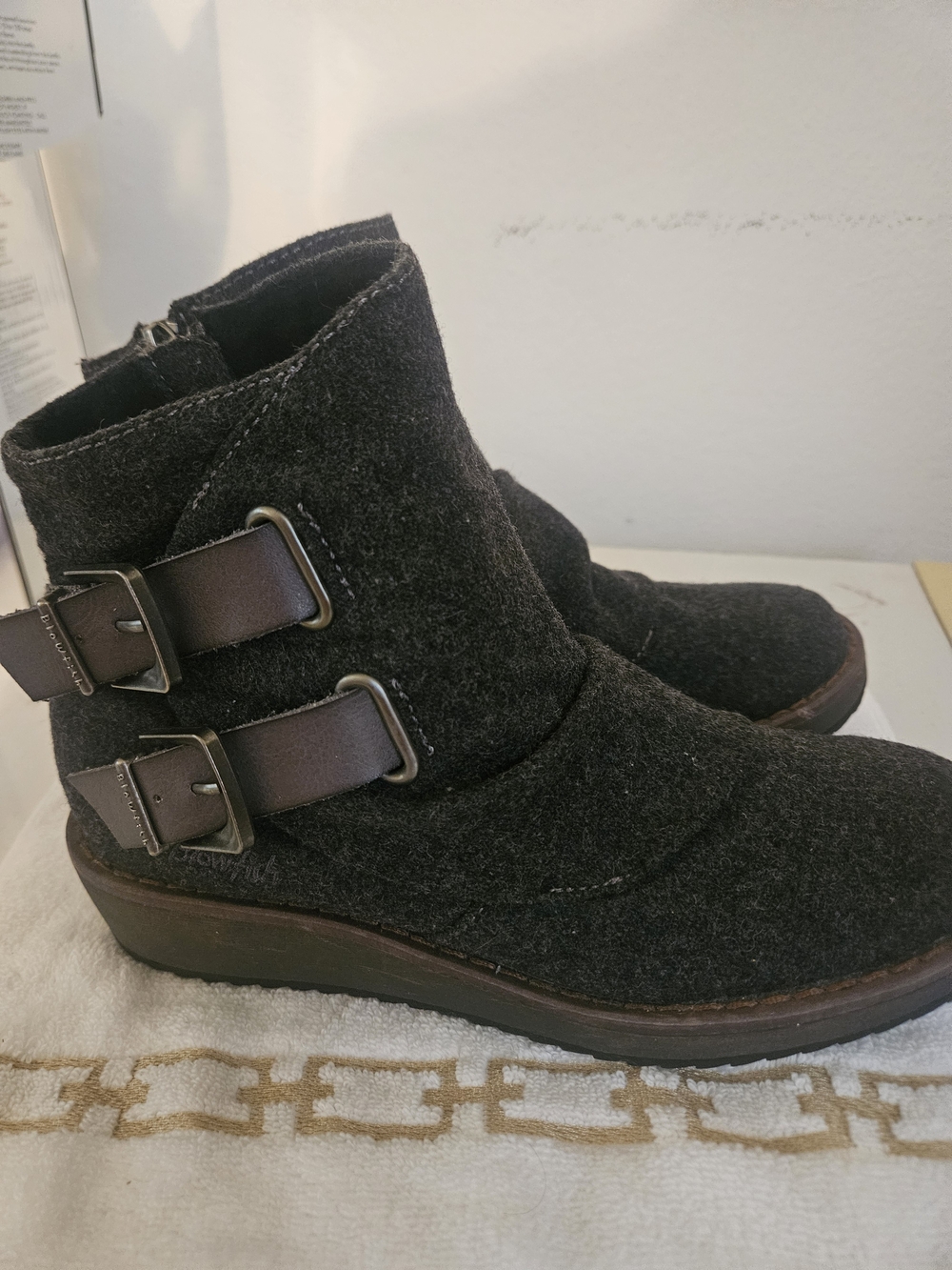 Blowfish Black Wool-Look Ankle Booties with Double Buckles